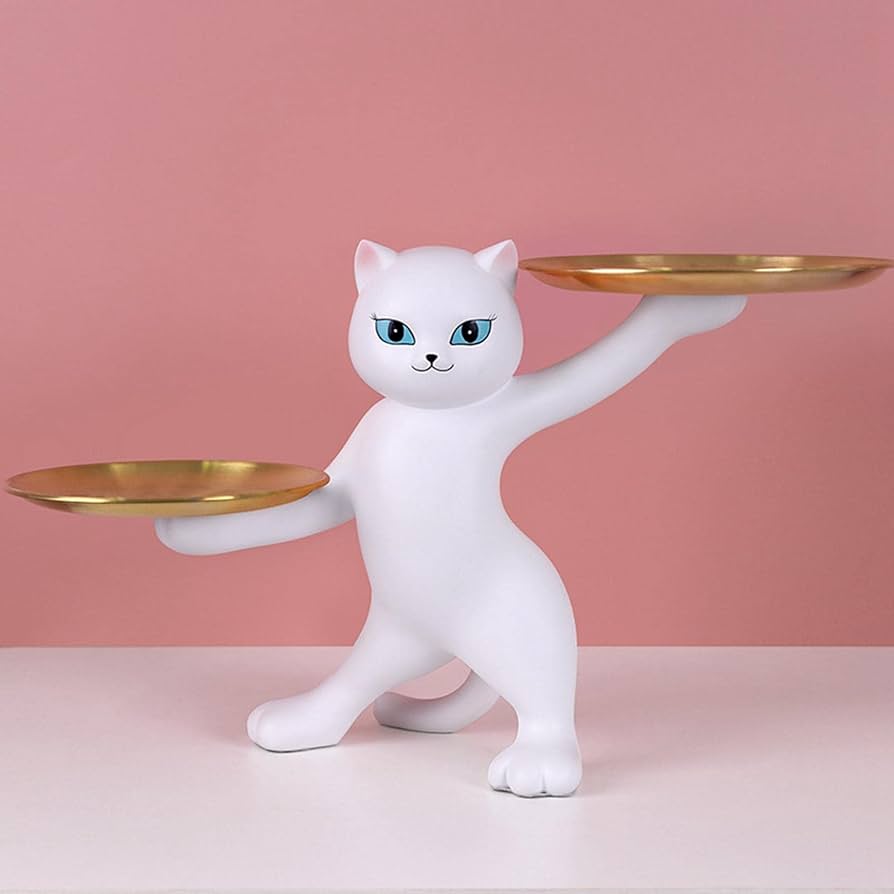 ATORSE Resin Cat Statues Figurine Sculptures  Jewelry Storage Serving Tray White