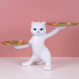 ATORSE Resin Cat Statues Figurine Sculptures  Jewelry Storage Serving Tray White
