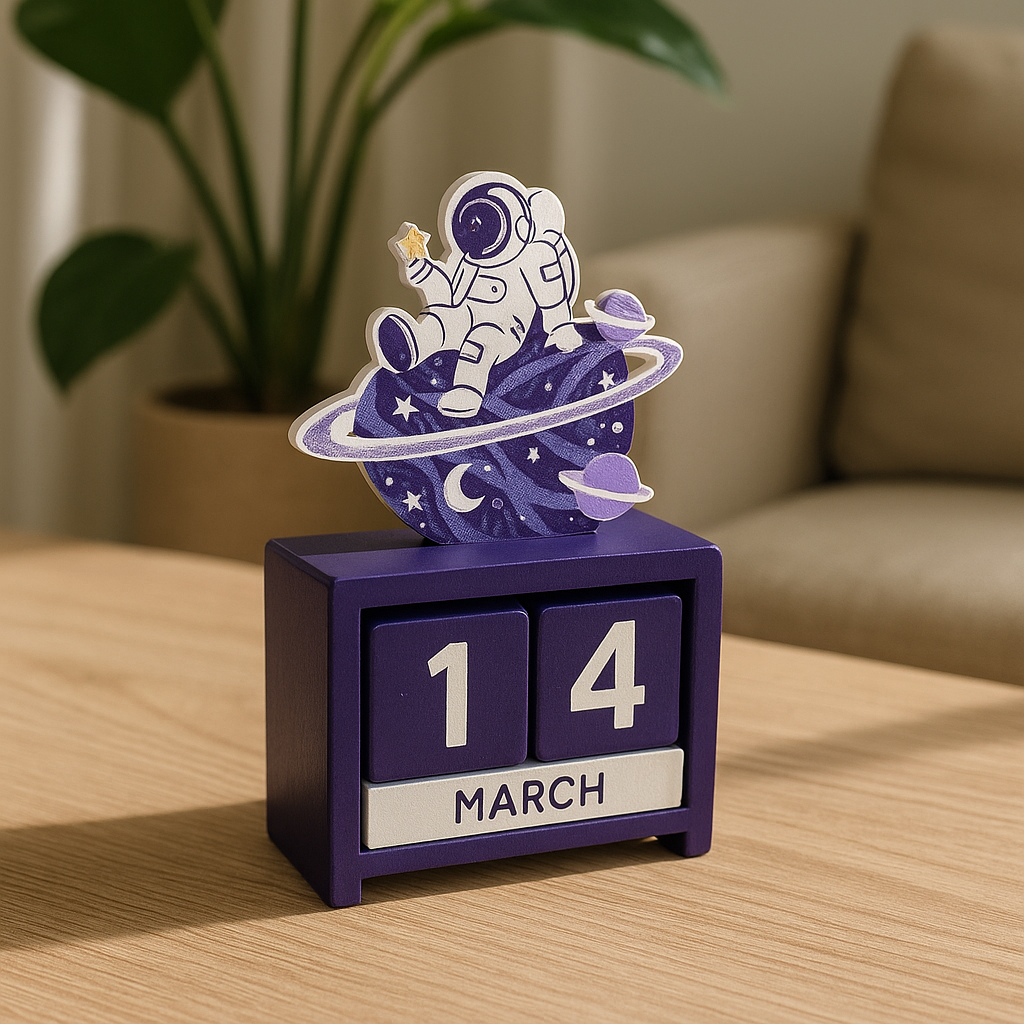 Space-Themed Wooden Desk Calendar and Astronaut Piggy Bank for Kids | Table Decor, New Year Gift & Space Toy Set
