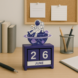 Space-Themed Wooden Desk Calendar and Astronaut Piggy Bank for Kids | Table Decor, New Year Gift & Space Toy Set