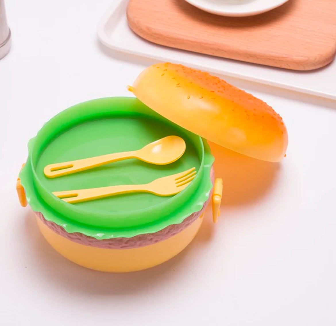 Burger-Shaped Lunch Box for Kids – 3-Layer ABS Plastic Tiffin with 2 Spoons, Ideal for School, Picnics, and Snacks