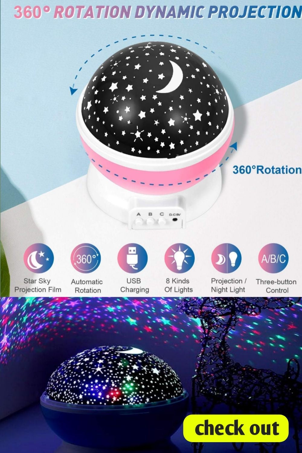 Star Master 360° Rotating Moon Night Light Projector – Multi-Color Lamp with USB Cable for Kids’ Room, Plastic Build