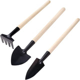 Mini Garden Tools Set of 3 – Heavy-Duty Hand Shovel, Rake & Fork with Wooden Handles for Small Plants & Flowers – Ideal for Men & Women Gardeners