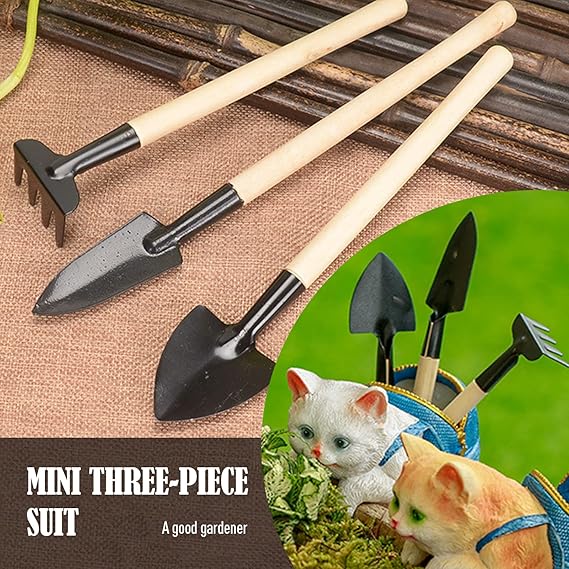 Mini Garden Tools Set of 3 – Heavy-Duty Hand Shovel, Rake & Fork with Wooden Handles for Small Plants & Flowers – Ideal for Men & Women Gardeners