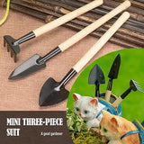 Mini Garden Tools Set of 3 – Heavy-Duty Hand Shovel, Rake & Fork with Wooden Handles for Small Plants & Flowers – Ideal for Men & Women Gardeners