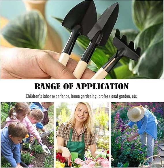 Mini Garden Tools Set of 3 – Heavy-Duty Hand Shovel, Rake & Fork with Wooden Handles for Small Plants & Flowers – Ideal for Men & Women Gardeners
