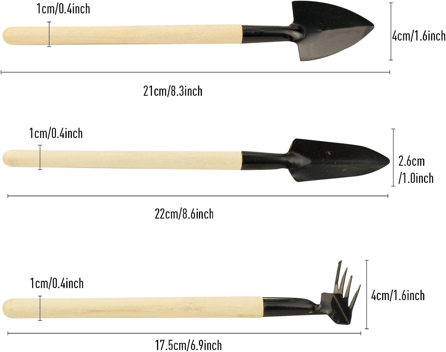 Mini Garden Tools Set of 3 – Heavy-Duty Hand Shovel, Rake & Fork with Wooden Handles for Small Plants & Flowers – Ideal for Men & Women Gardeners
