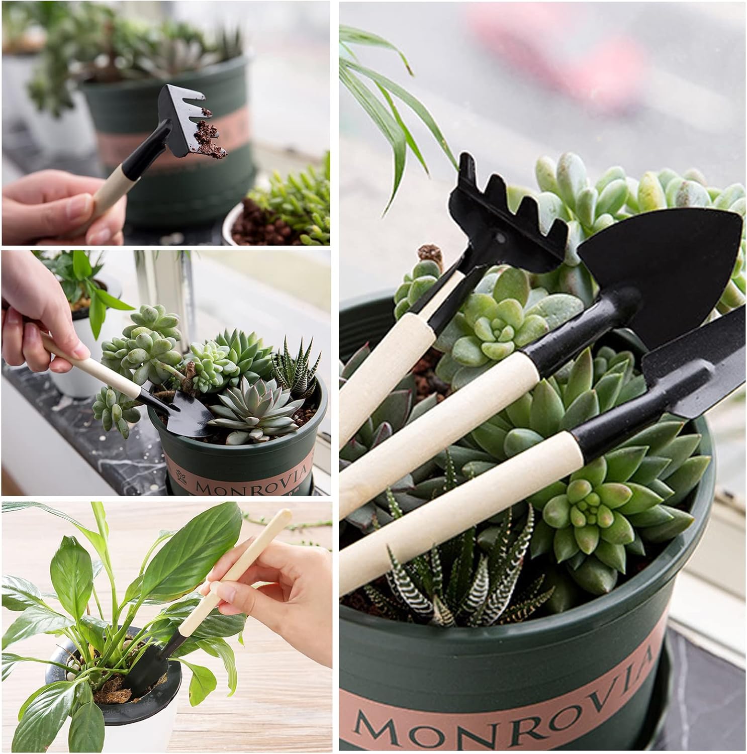 Mini Garden Tools Set of 3 – Heavy-Duty Hand Shovel, Rake & Fork with Wooden Handles for Small Plants & Flowers – Ideal for Men & Women Gardeners